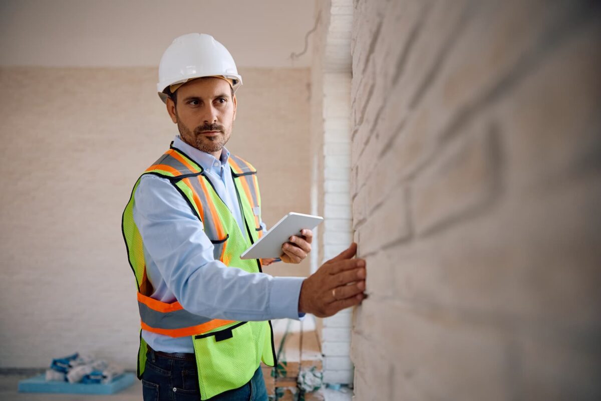 man with hardhat examining wall